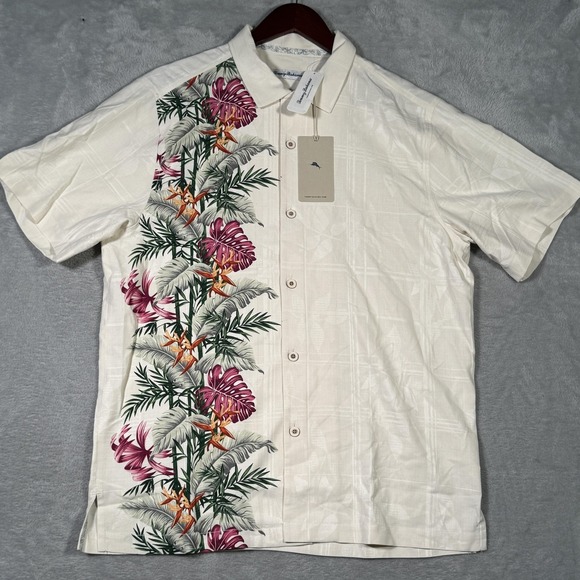 Tommy Bahama Shirt Mens Medium Vanilla Ice Silk Bloom Terrace Hawaiian Floral - Picture 1 of 10